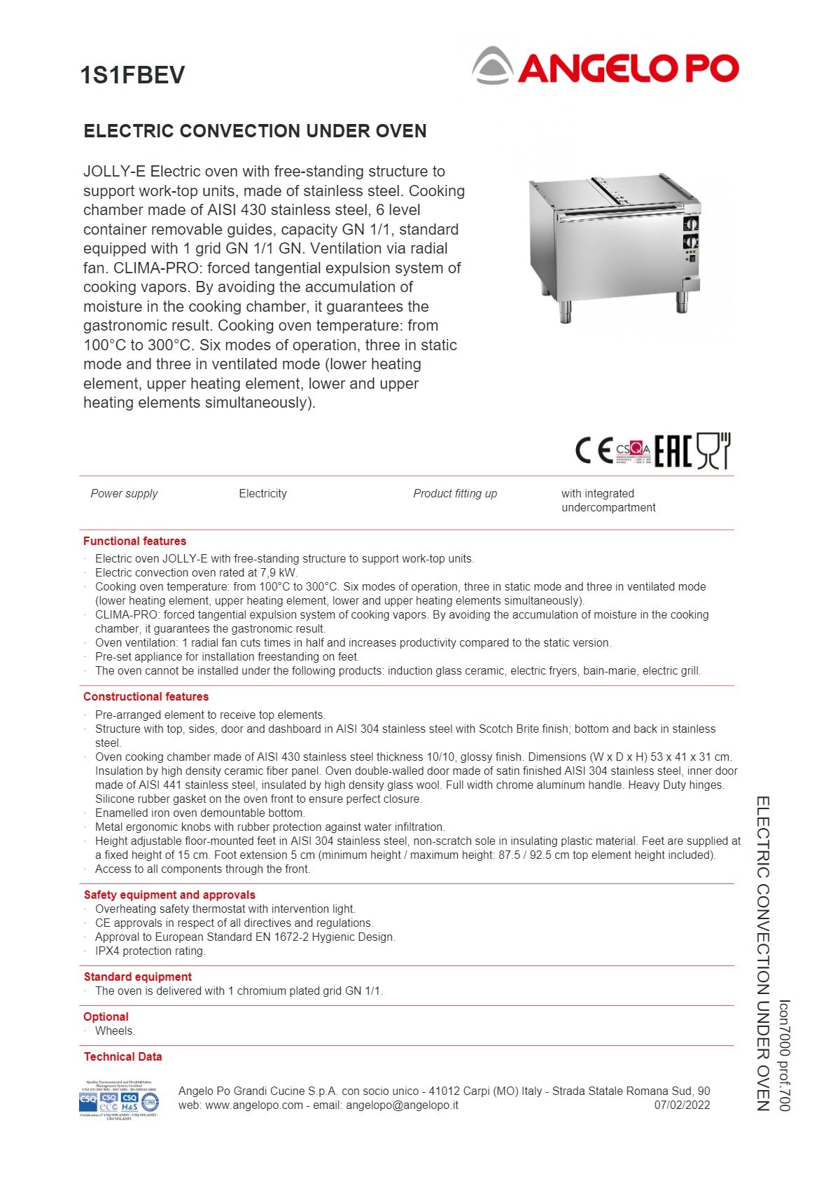 Thumbnail - Angelo Po Icon7000 1S1FBEV - Under Bench Convection Oven