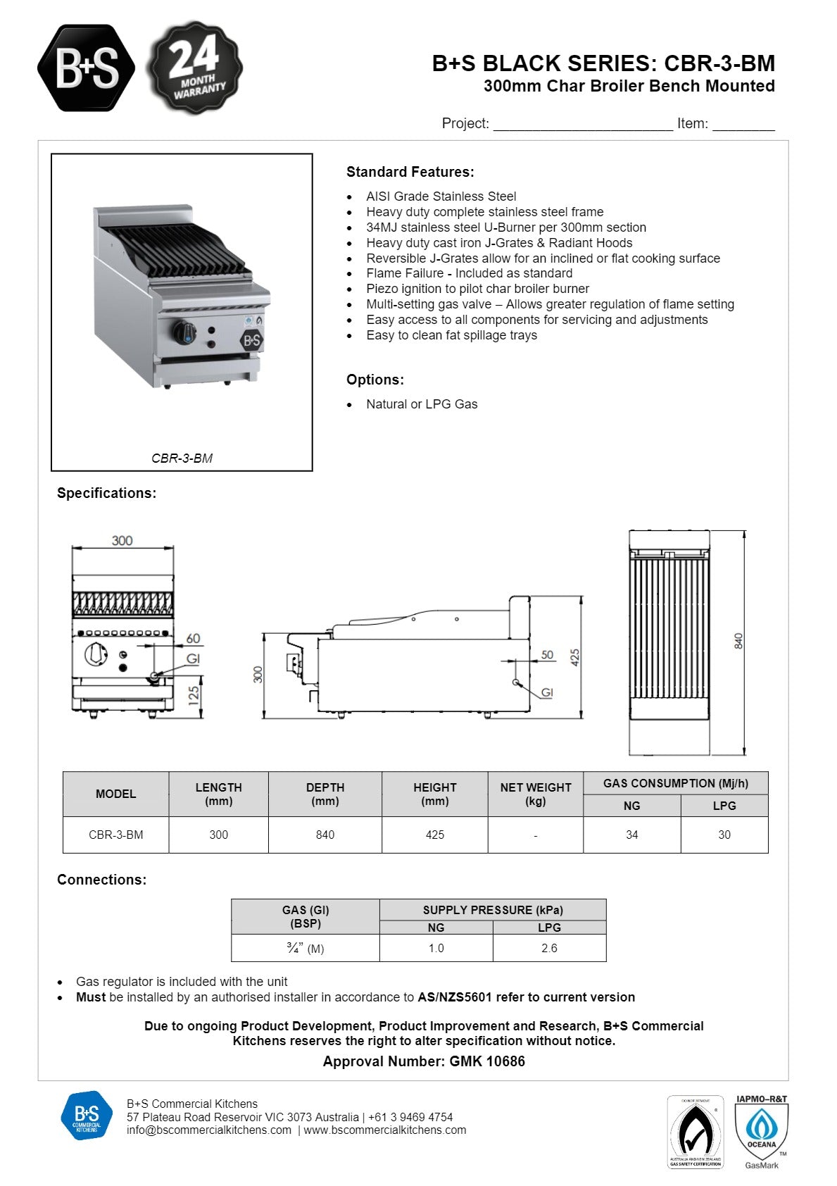 B+S Black CBR-3BM - Bench Mounted Char Broiler