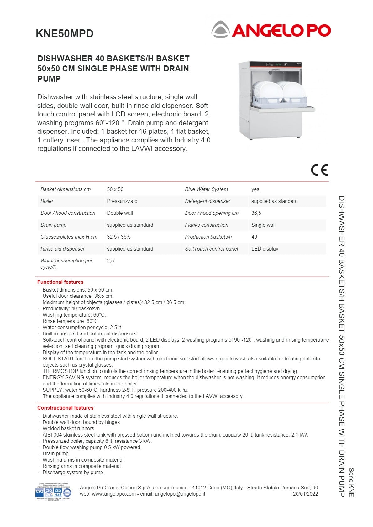 Angelo Po KNE Series KNE50MPD - Undercounter Dishwasher