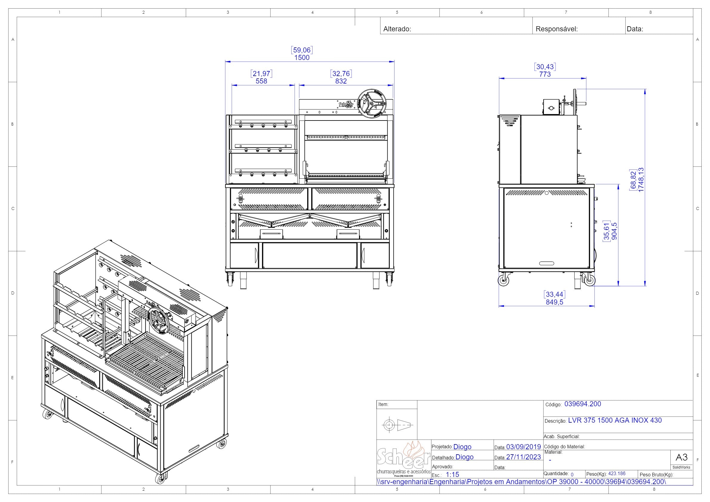 Scheer Proline LVR375A - 1500mm Gas Lava Rock Combo Rotisserie & Wheel Lift Grill