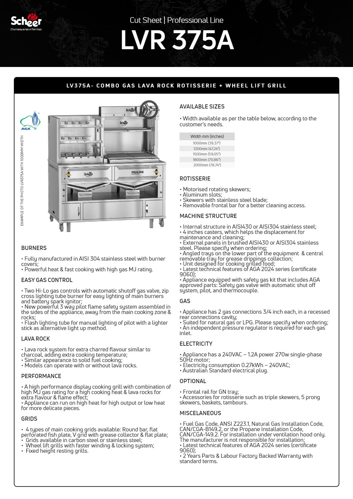 Scheer Proline LVR375A - 1500mm Gas Lava Rock Combo Rotisserie & Wheel Lift Grill