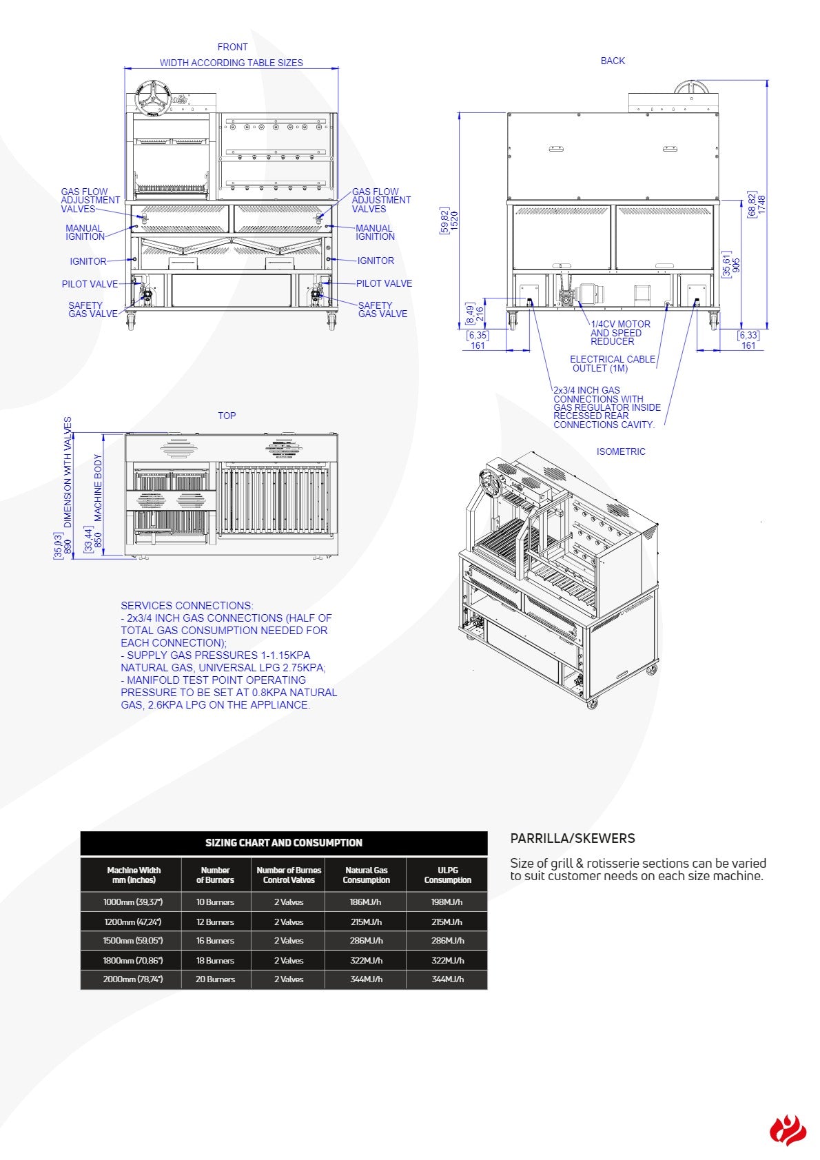 Scheer Proline LVR375A - 1500mm Gas Lava Rock Combo Rotisserie & Wheel Lift Grill