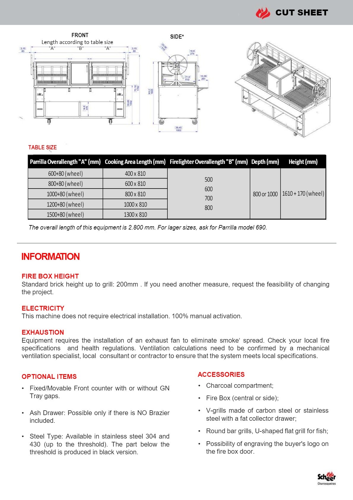 Thumbnail - Scheer Proline Parrilla 695 - 1200mm Charcoal/Wood Parrilla Grill