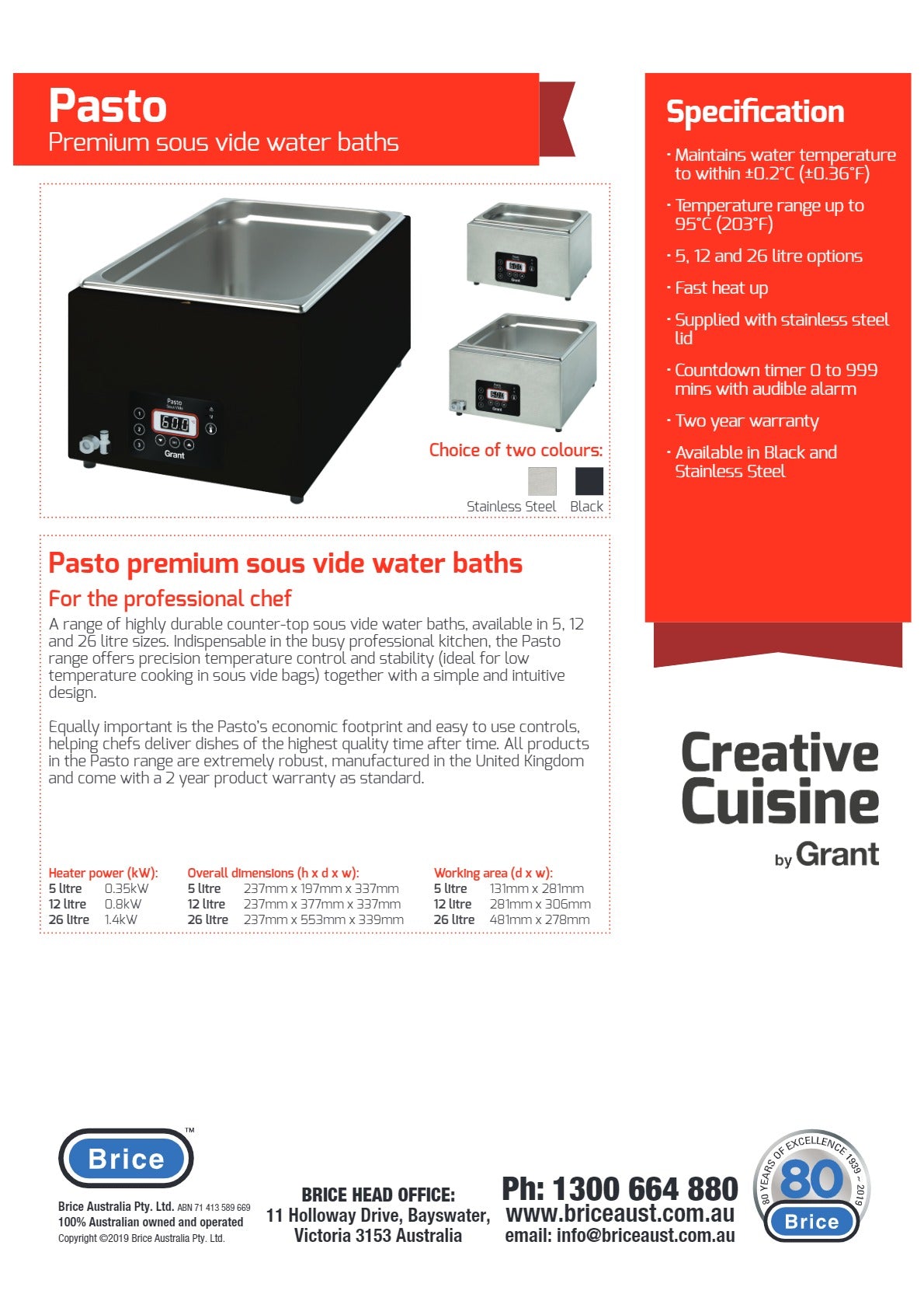 Grant Creative Cuisine GRAPAS-TO-26230BK - Bench Top Sous Vide Water Bath