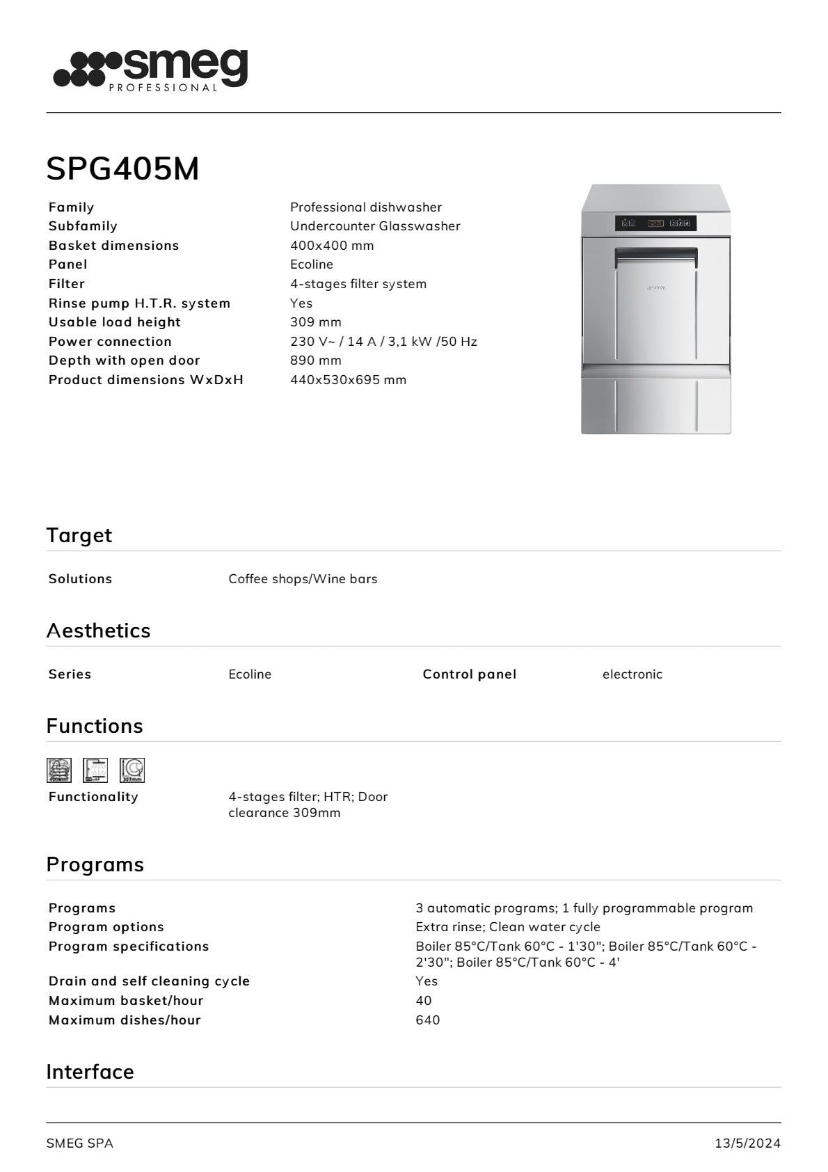 Smeg Professional Ecoline SPG405MAU - Underbench Glasswasher