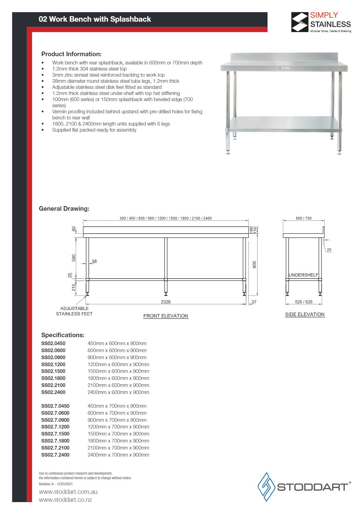 Thumbnail - Simply Stainless SS02.1800 - Stainless Steel Work Bench