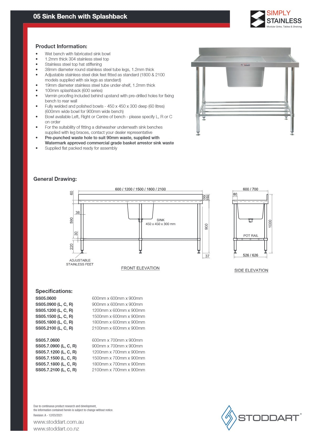 Thumbnail - Simply Stainless SS05.7.1200C - Stainless Steel Sink Bench with Splashback