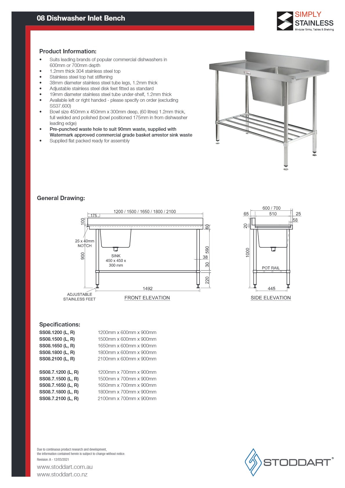 Simply Stainless SS08.7.1800R - Stainless Steel Dishwasher Inlet Bench