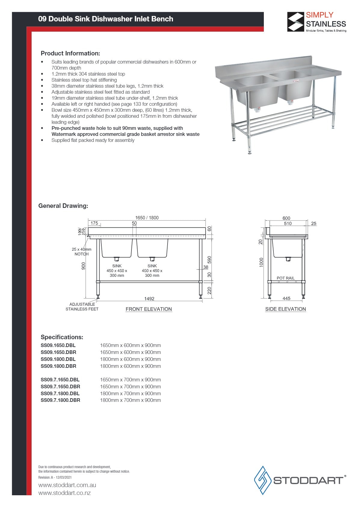 Simply Stainless SS09.1650DBL - Double Sink Dishwasher Inlet Bench