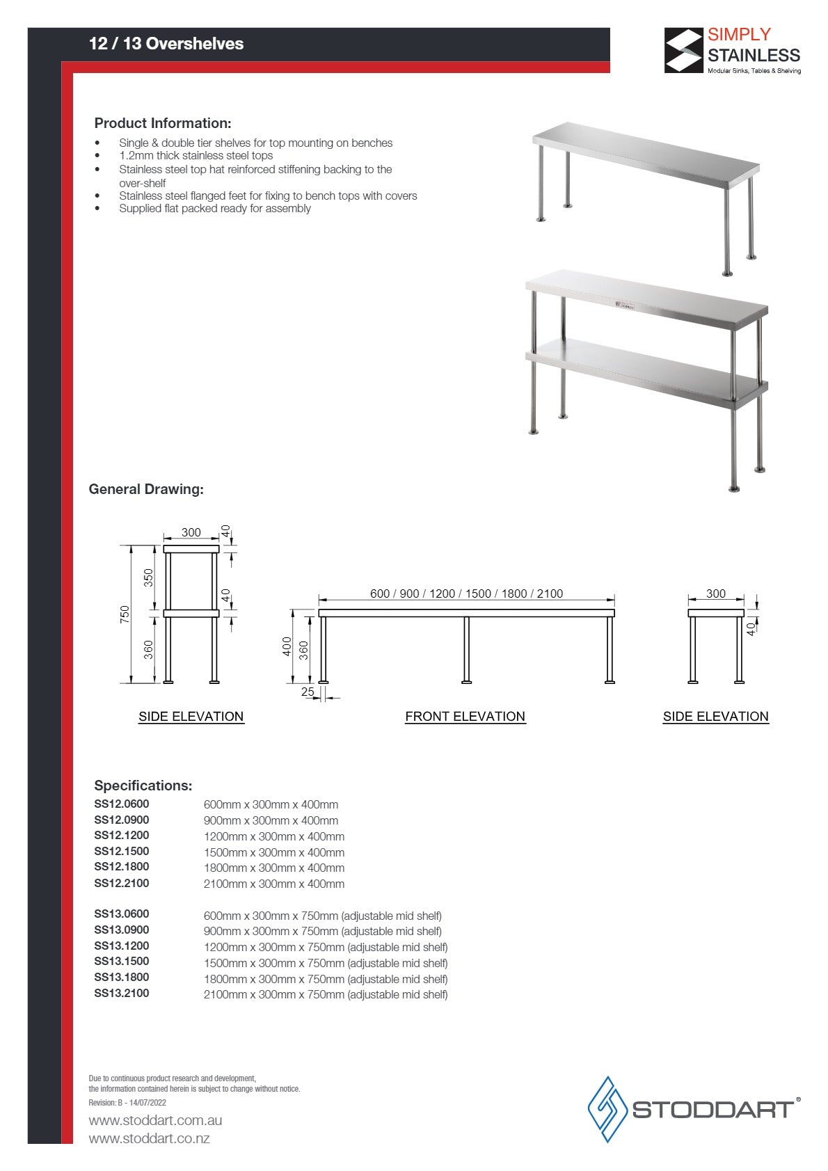 Simply Stainless SS13.2100 - Stainless Steel Double Bench Over Shelf