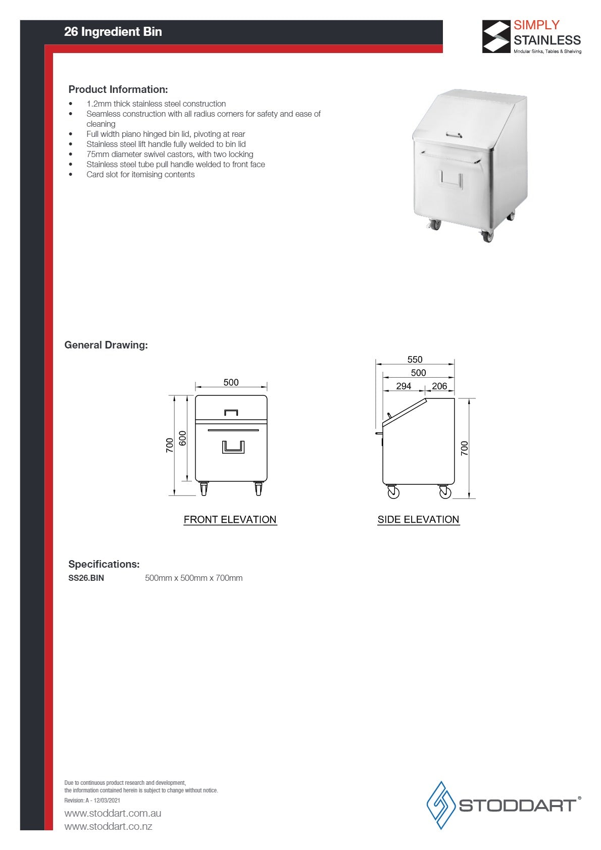 Simply Stainless SS26.BIN - Stainless Steel Ingredient Bin