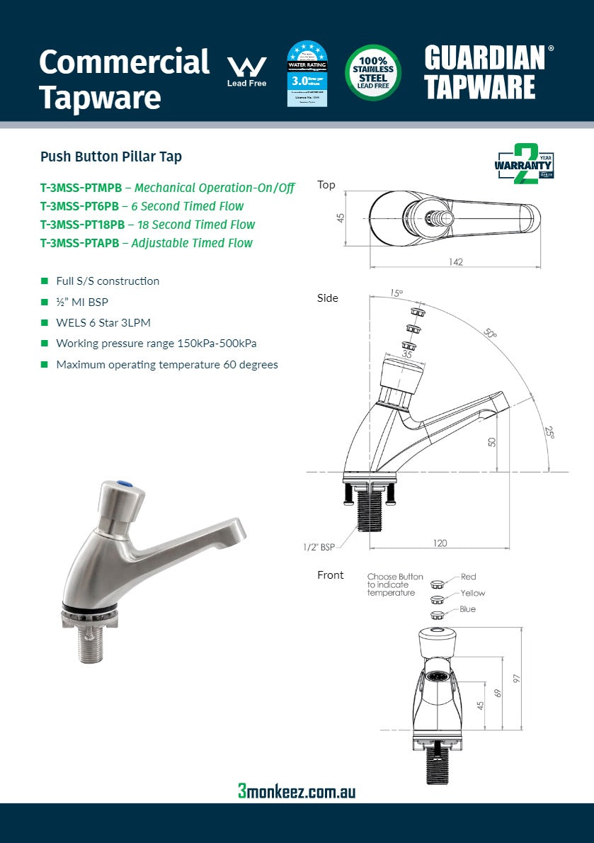 Thumbnail - 3Monkeez T-3MSS-PT6PB - Push Button Pillar Tap