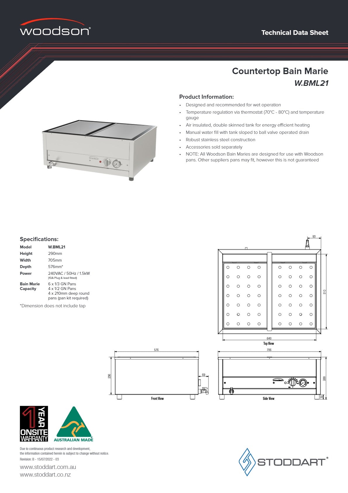 Woodson W.BML21 - Benchtop Bain Marie